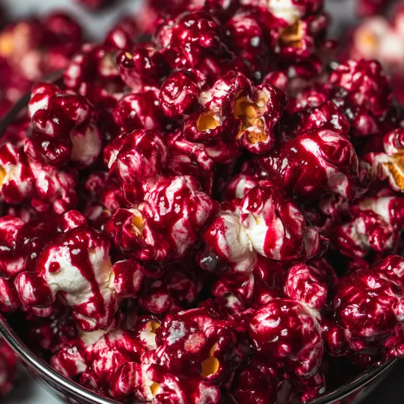 Halloween table spread with bowls of bloody popcorn beside spooky décor.