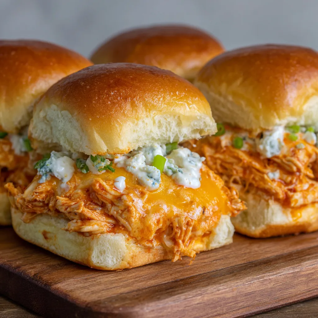 Close-up of shredded buffalo chicken inside a slider bun with melted cheese.