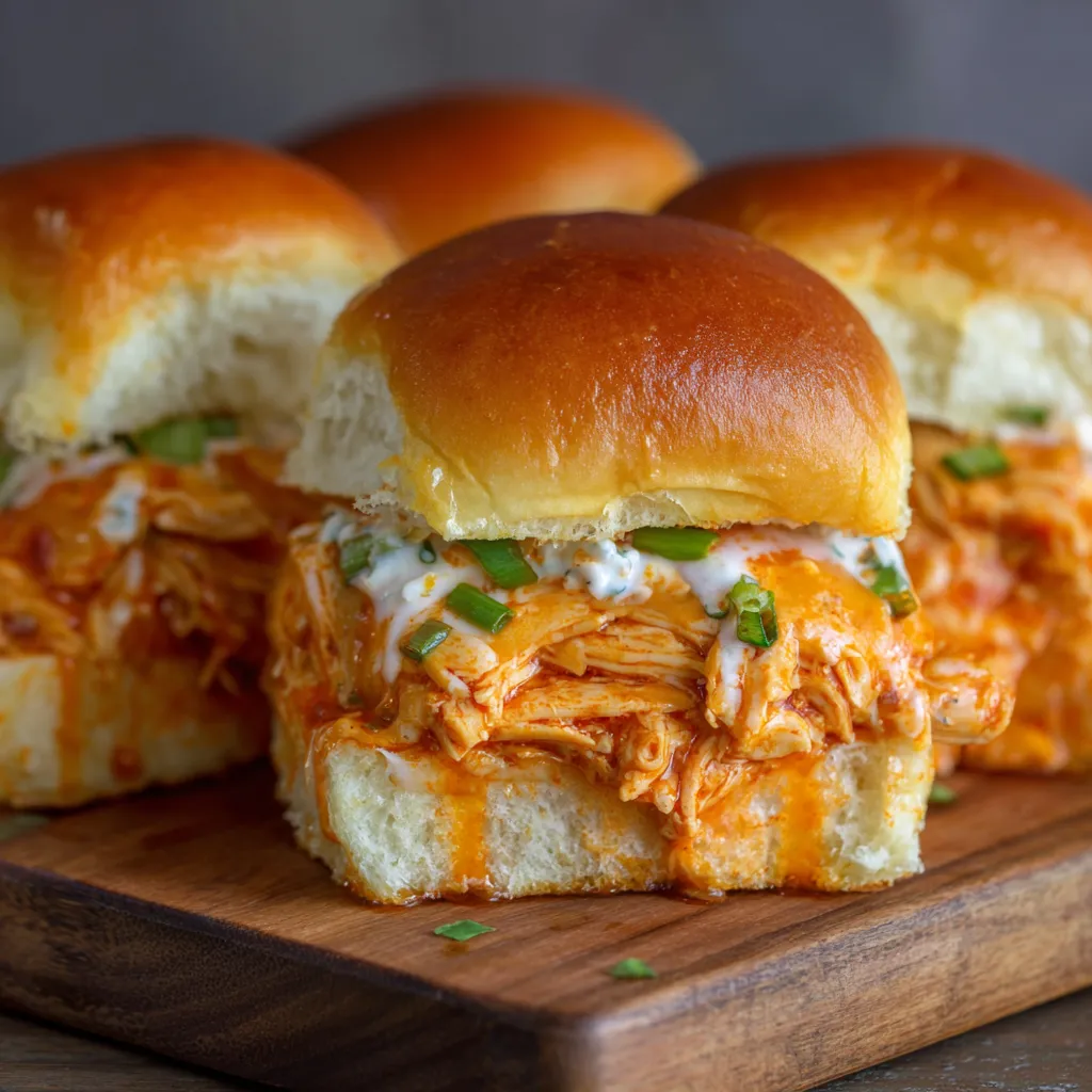 Hand pulling apart a cheesy buffalo chicken slider with sauce dripping.