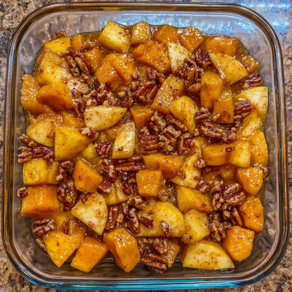 Baked dish of butternut squash and apples drizzled with honey and sprinkled with cinnamon.