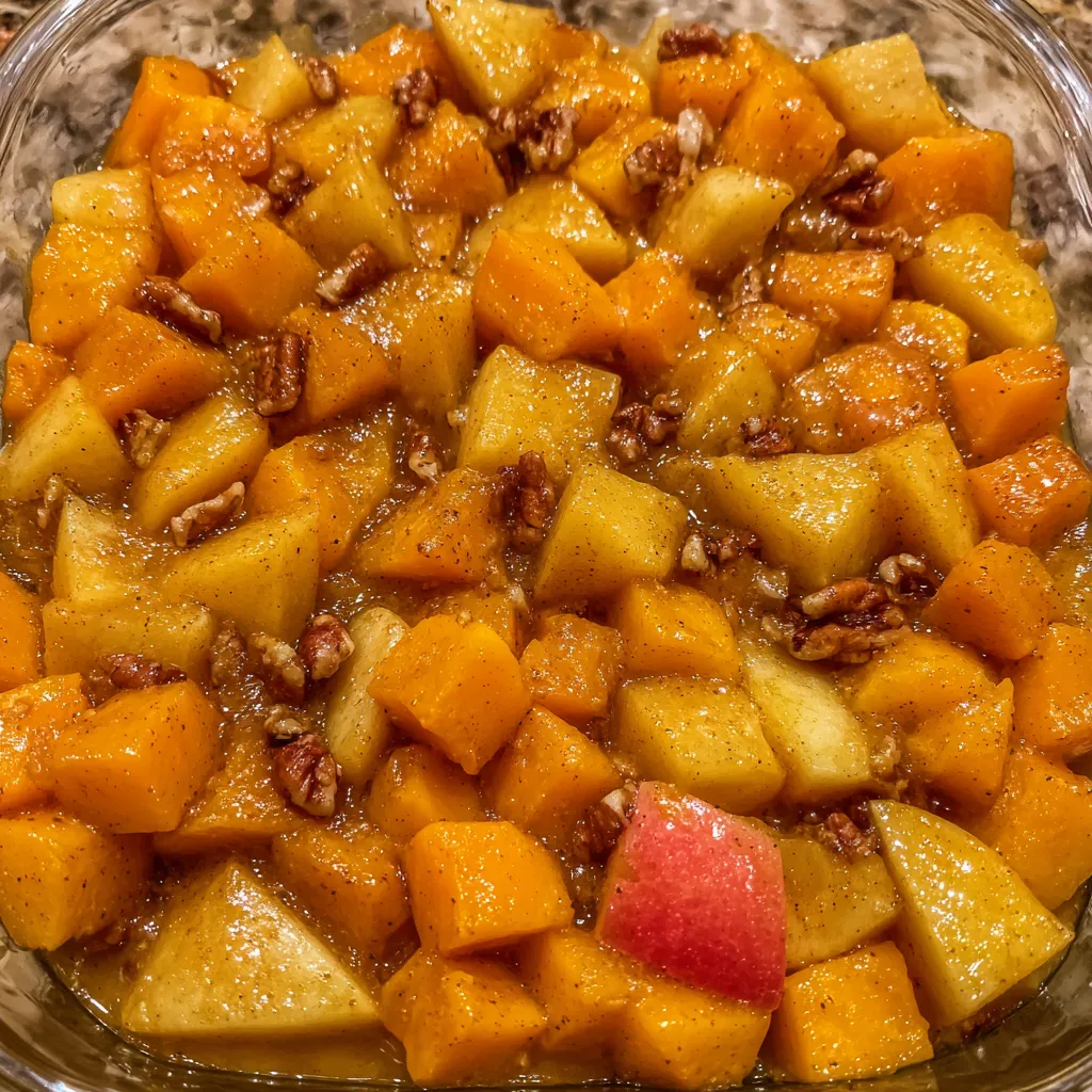 Serving spoon scooping warm squash and apples from casserole dish.