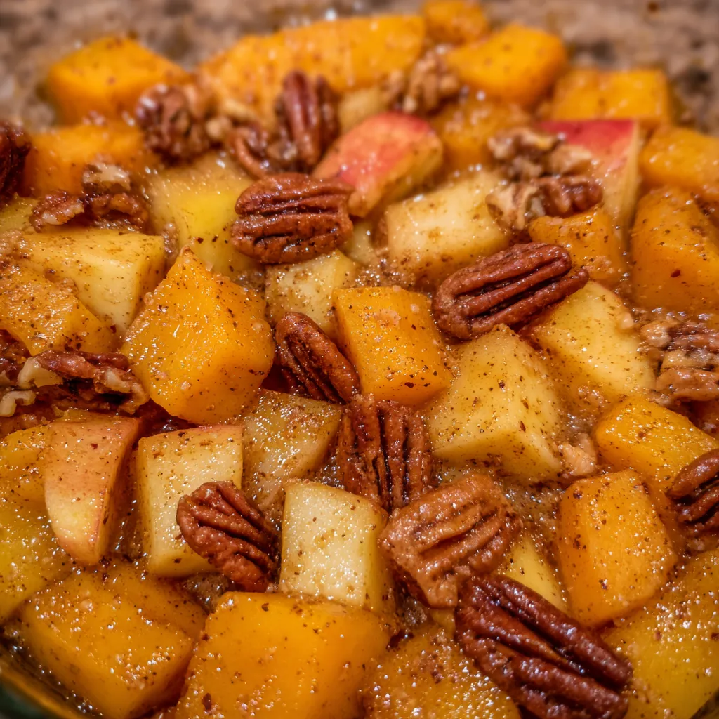 Bowl of baked squash and apples garnished with chopped pecans.