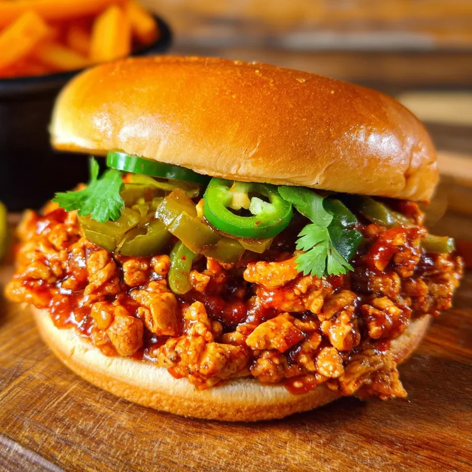 Plate of Cajun chicken sloppy joes topped with lettuce and sauce on toasted buns.
