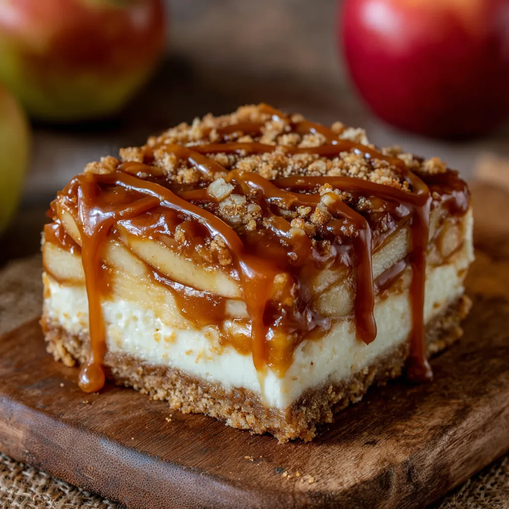 Caramel apple cheesecake bars with drizzle on top, arranged on parchment.