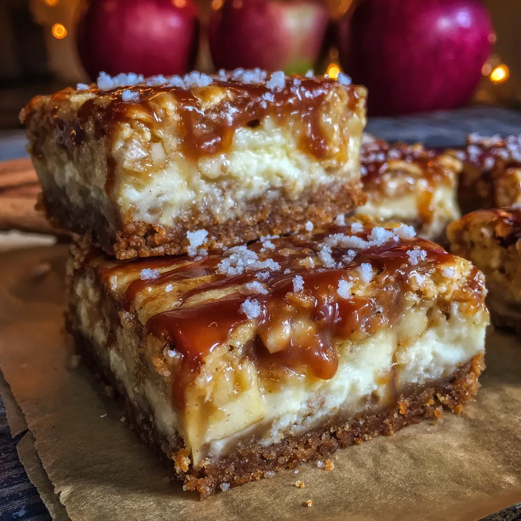 Close-up of cheesecake bar showing caramel drizzle and spiced apple topping.