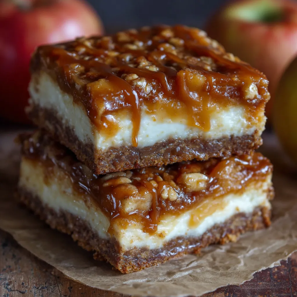 Plate of cheesecake bars stacked with extra caramel sauce dripping down.