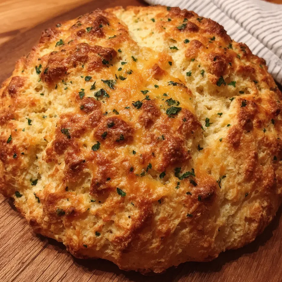 Close-up of sliced soda bread showing melted cheddar pockets and herbs.