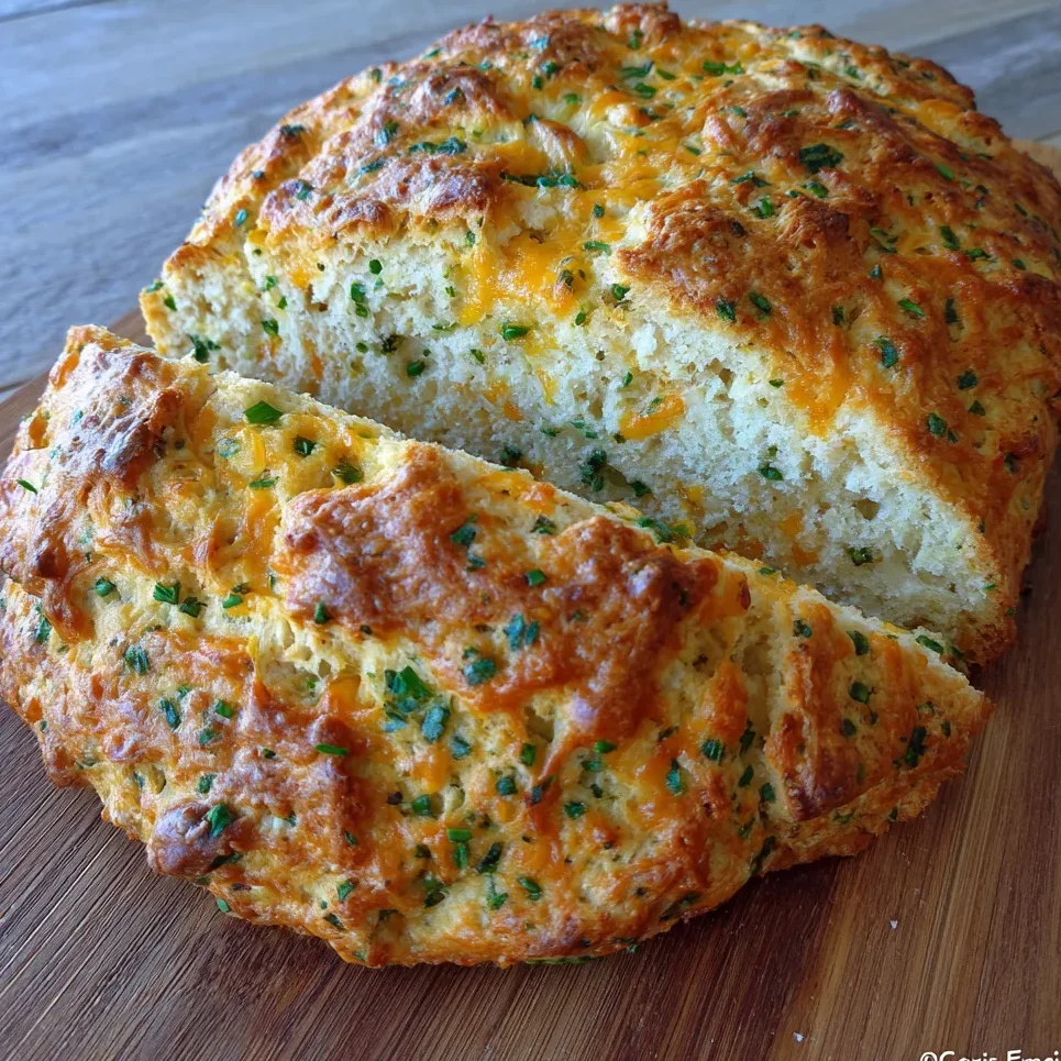 Warm loaf of soda bread served on a wooden board with butter and thyme sprigs.
