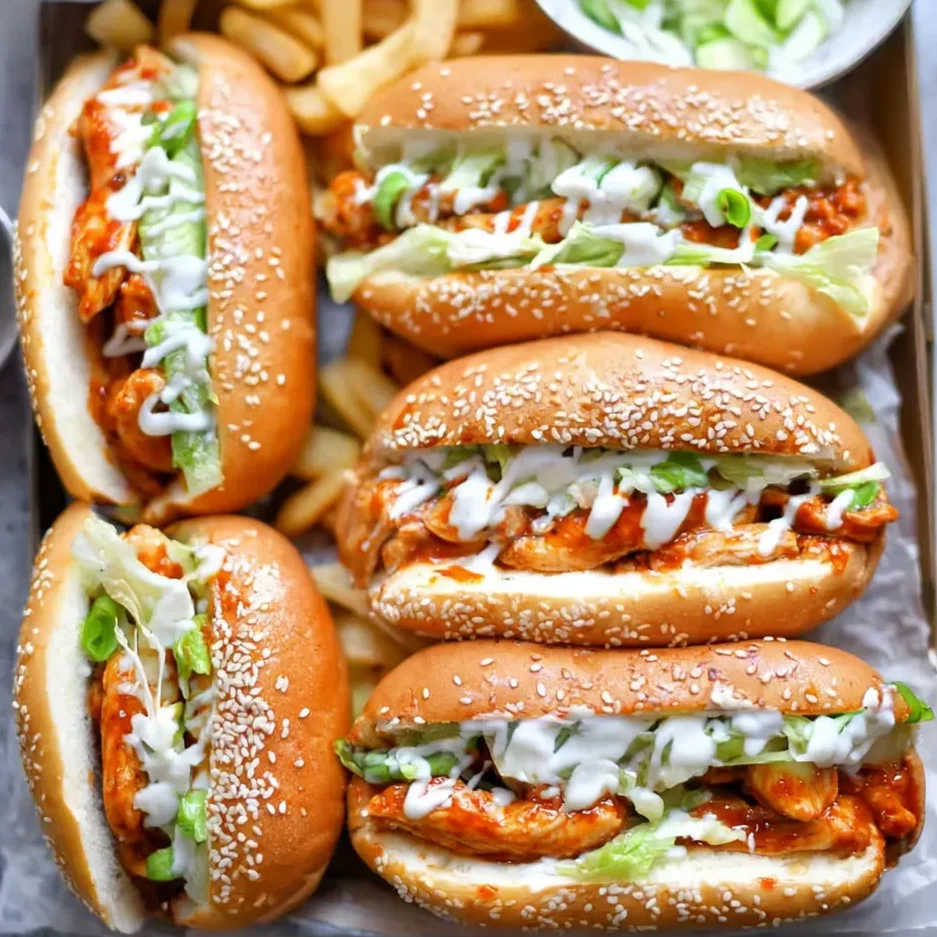 Close-up of bun split open showing melty cheese and spicy chicken inside.