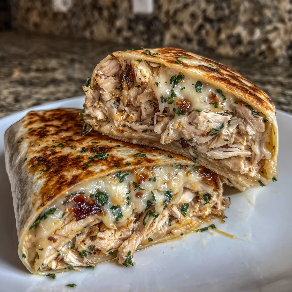 Skillet of chicken wraps toasting until golden brown.