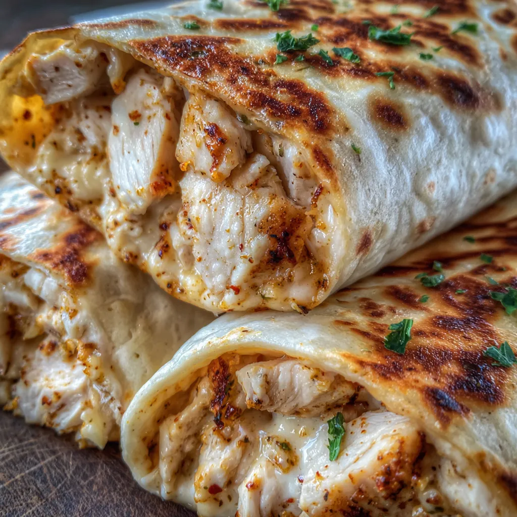 Close-up of melted cheese and garlic chicken spilling from a toasted wrap.