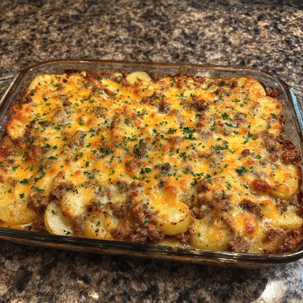 Slice of cheesy ground beef and potato casserole with melted cheese on top.