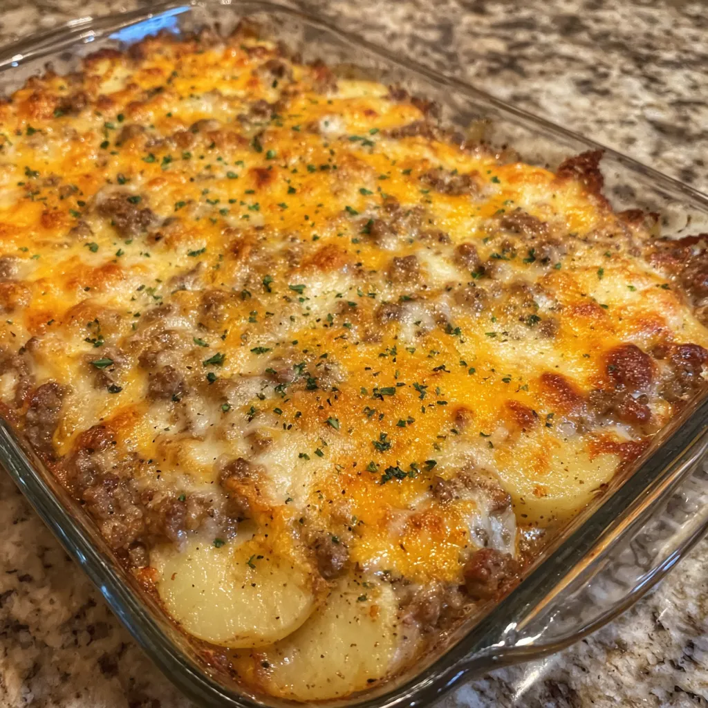 Close-up of casserole showing gooey melted cheese and tender potato layers.