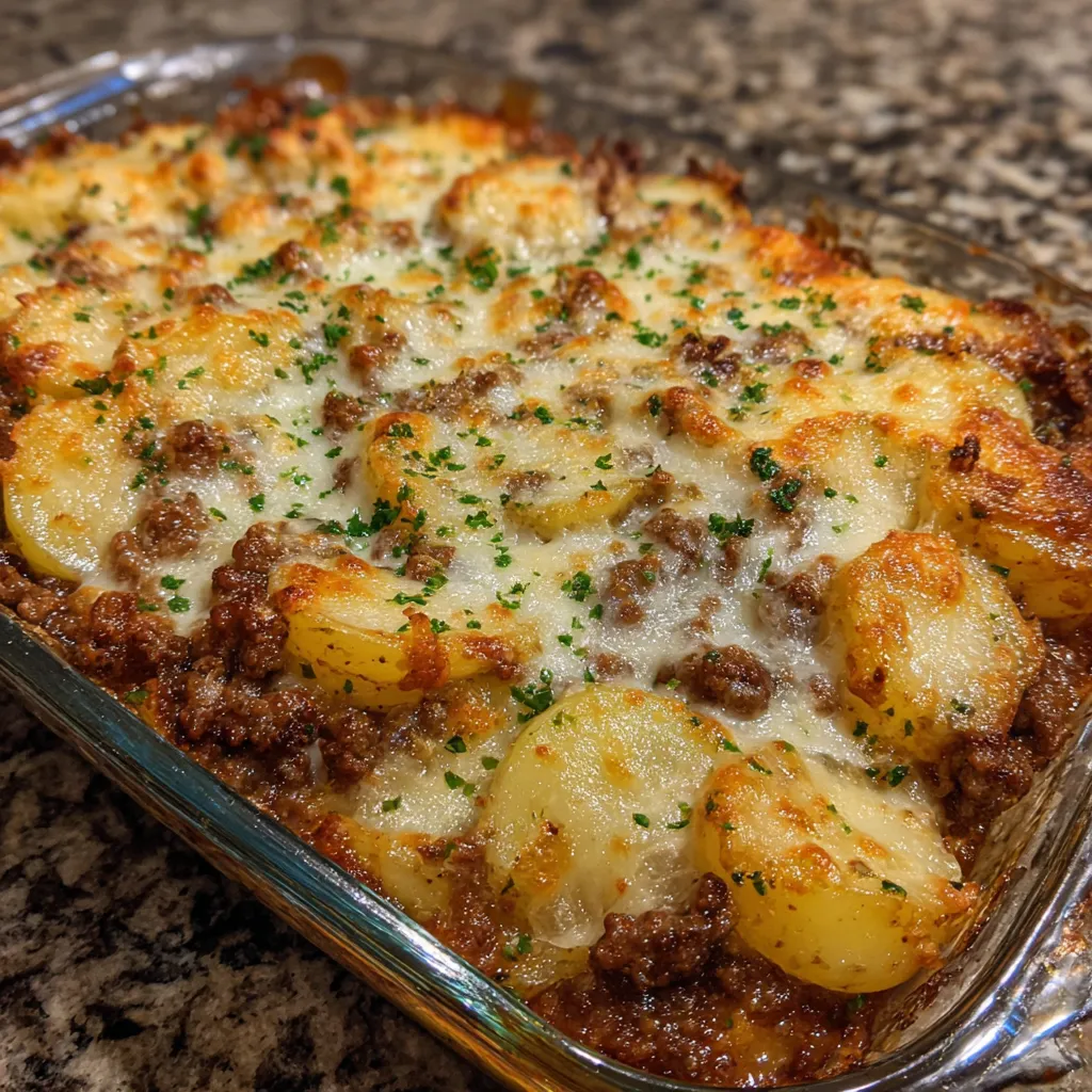 Baking dish of casserole fresh out of the oven with golden, bubbly cheese.