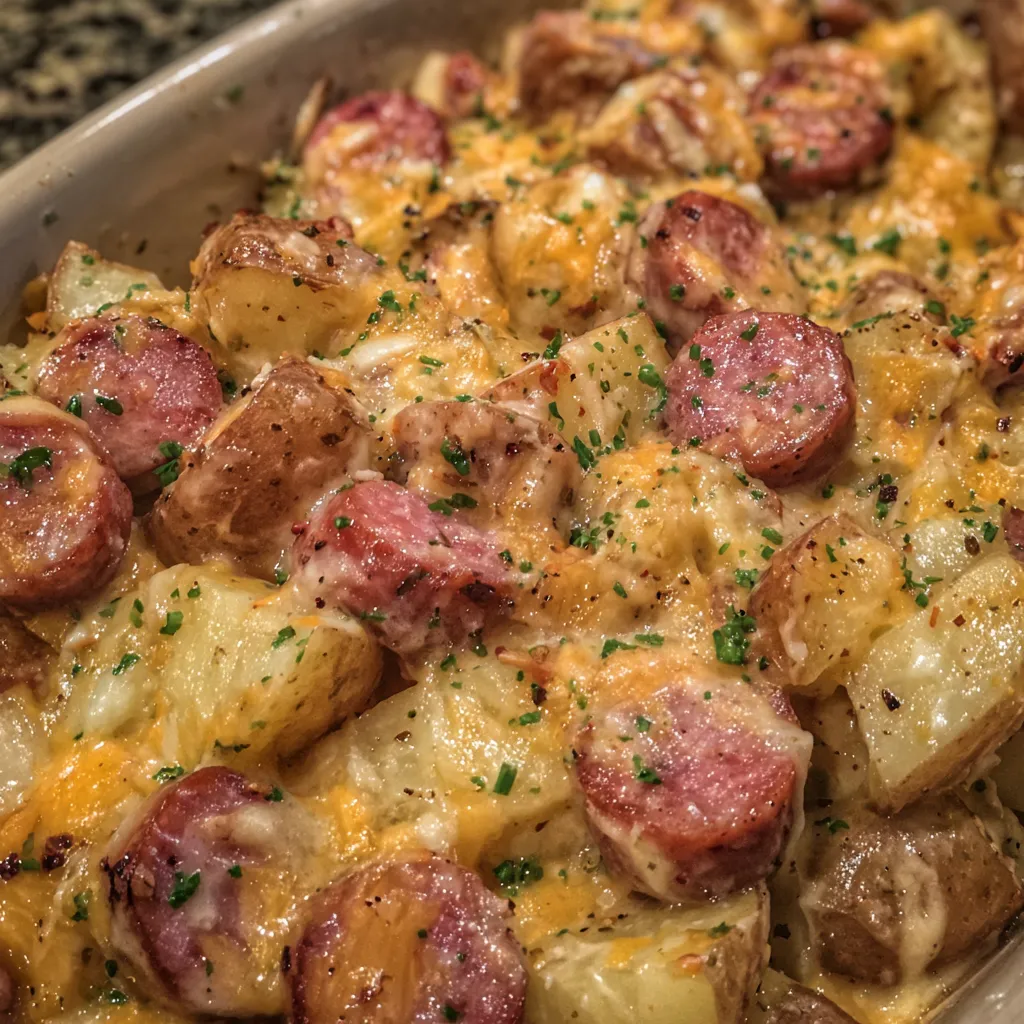 Close-up of roasted potatoes and sausage coated in melted cheese.