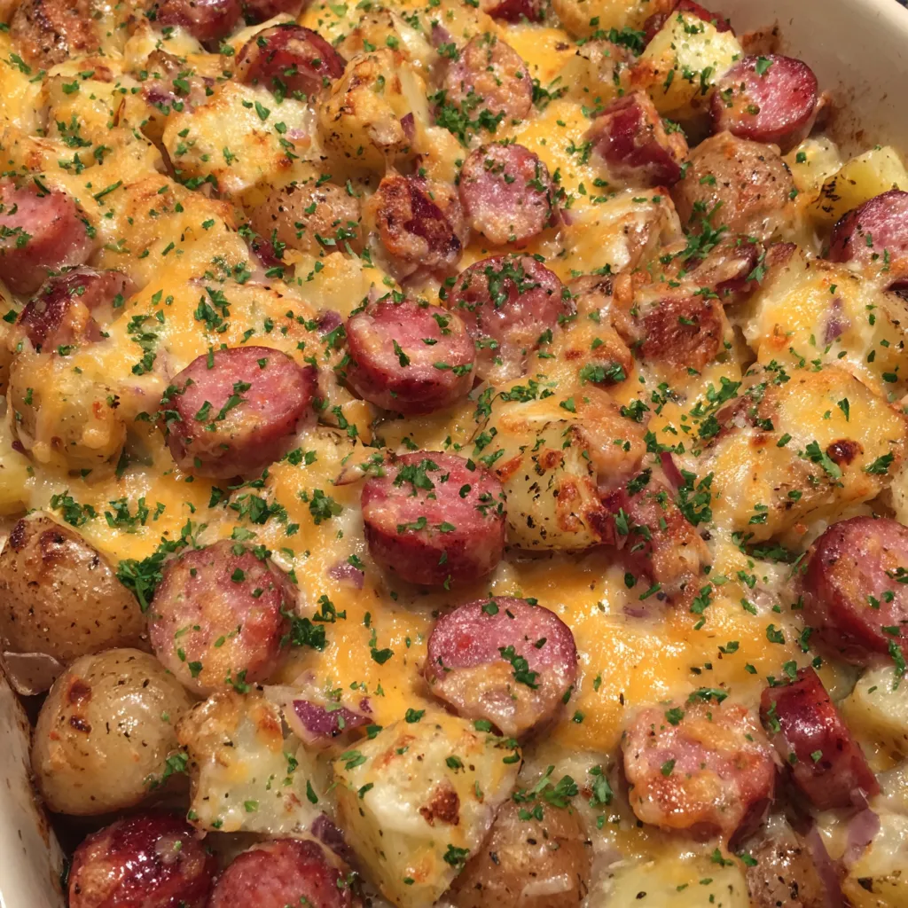 Fork scooping cheesy potatoes and sausage with melted cheese pull.