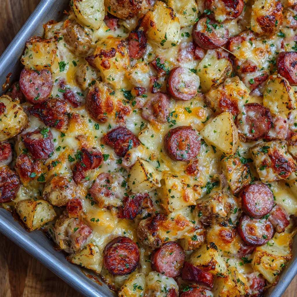 Serving bowl of cheesy sausage and potatoes garnished with parsley.