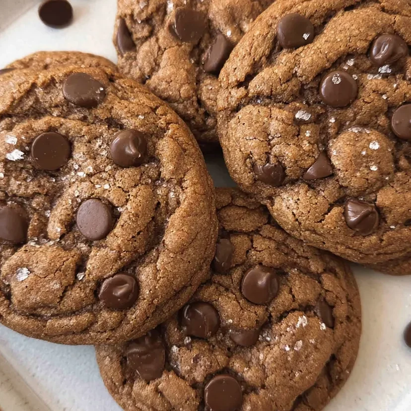 Chewy chocolate espresso cookies cooling on a tray with melted chocolate bits.