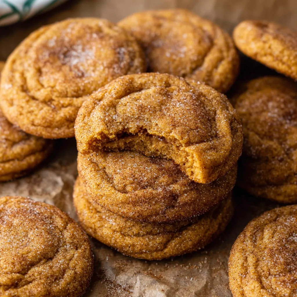 Stack of pumpkin cookies with cinnamon sugar sparkle