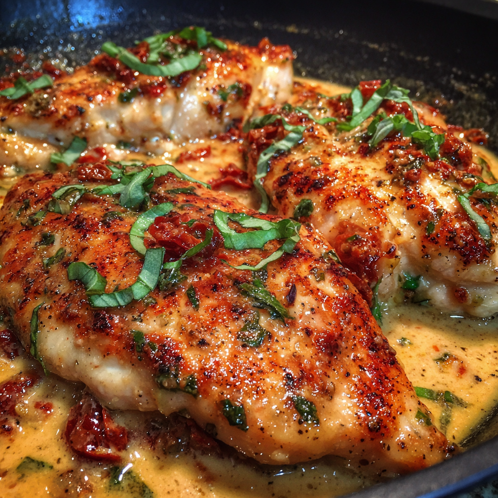 Close-up of chicken with creamy tomato sauce