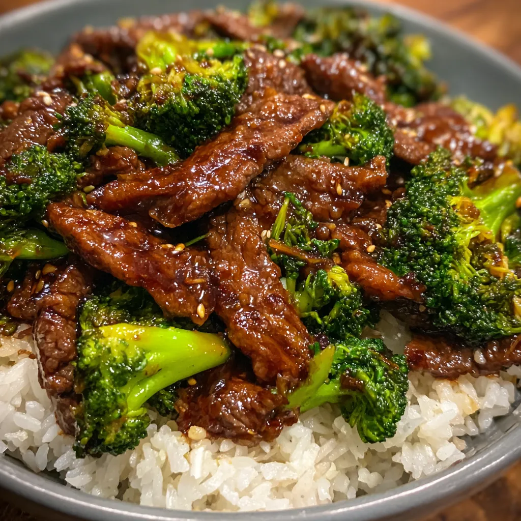 Close-up of tender beef slices with bright green broccoli and savory sauce.