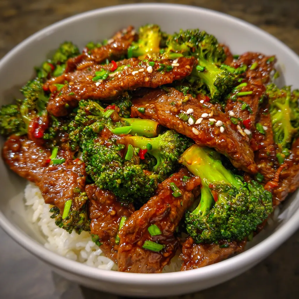 Bowl of beef and broccoli served over steamed rice with sesame seeds on top.