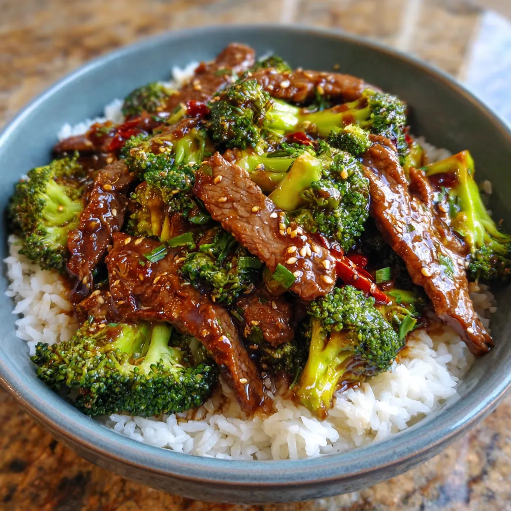Chopsticks holding a bite of beef and broccoli over a bowl of rice.