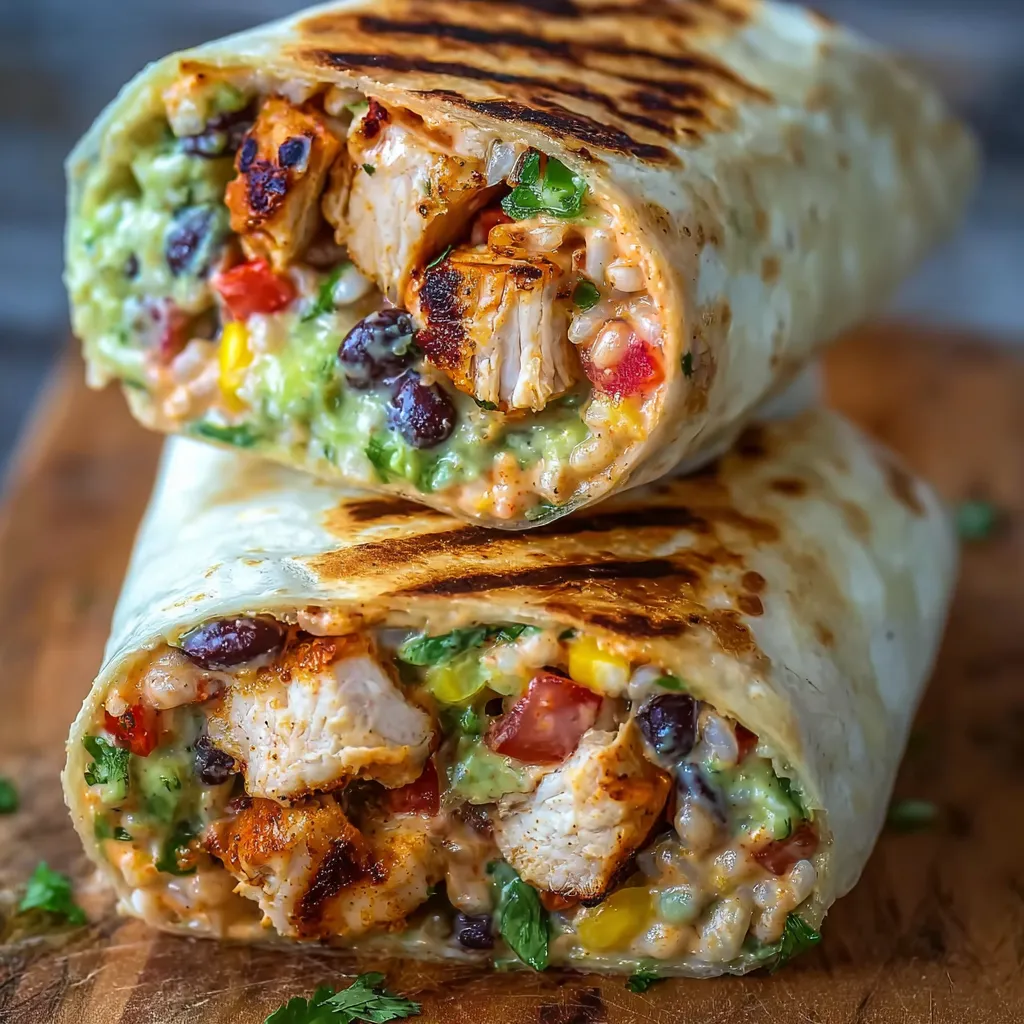 Sliced chipotle ranch chicken burritos with grilled marks and fresh filling.
