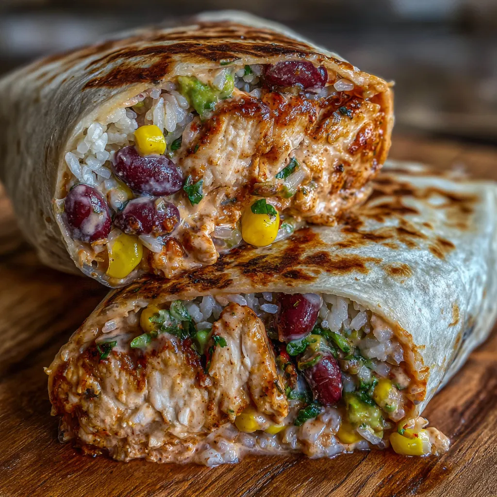 Burritos stacked on a wooden board with lime wedges and chipotle sauce.