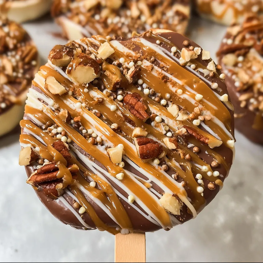 Apple slices dipped in caramel and chocolate with sprinkles on top.