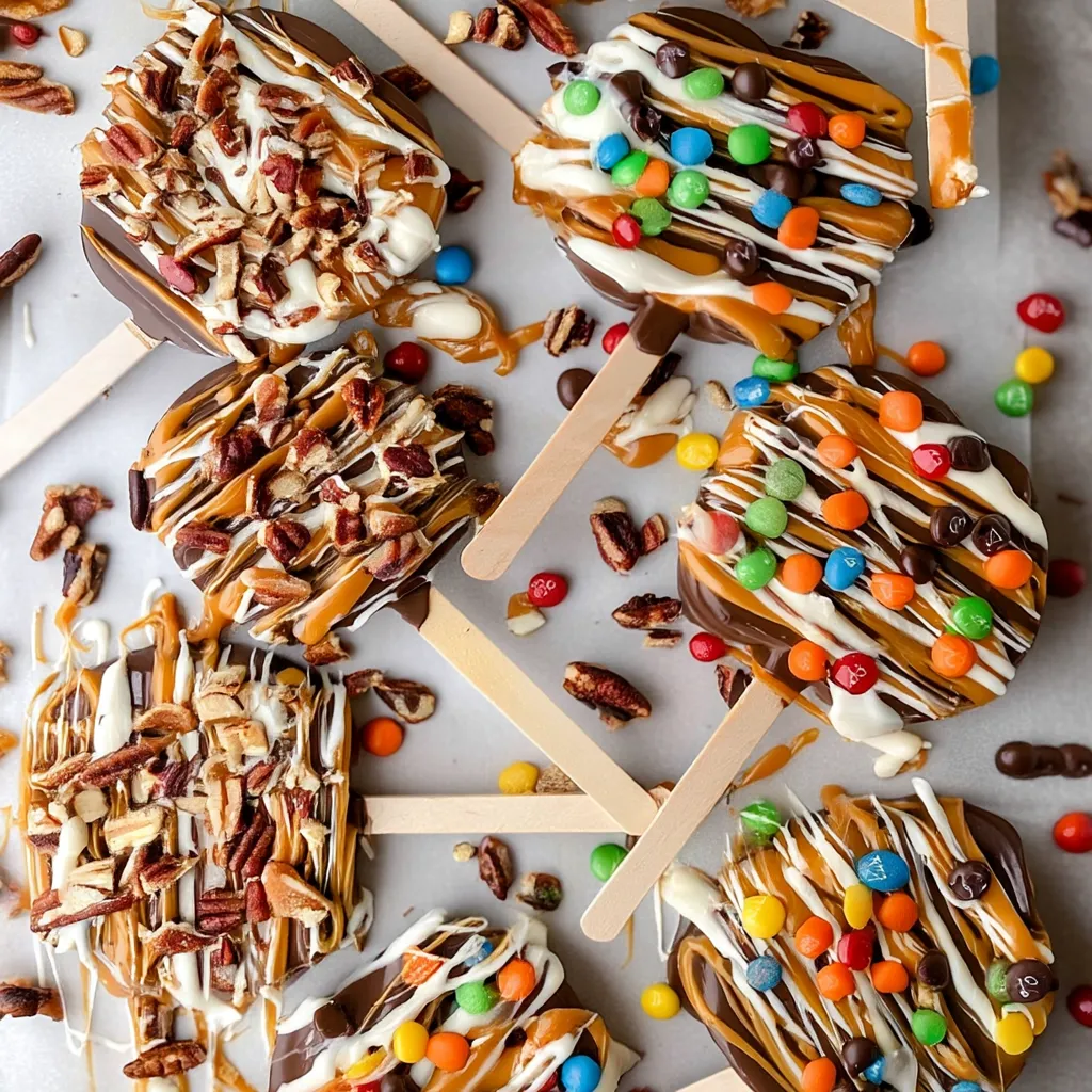 Close-up of apple slice coated in caramel and dark chocolate with nuts.