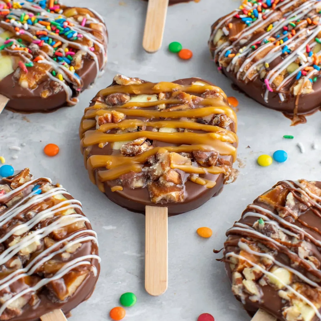 Tray of chocolate-covered apple slices decorated with sprinkles and nuts.