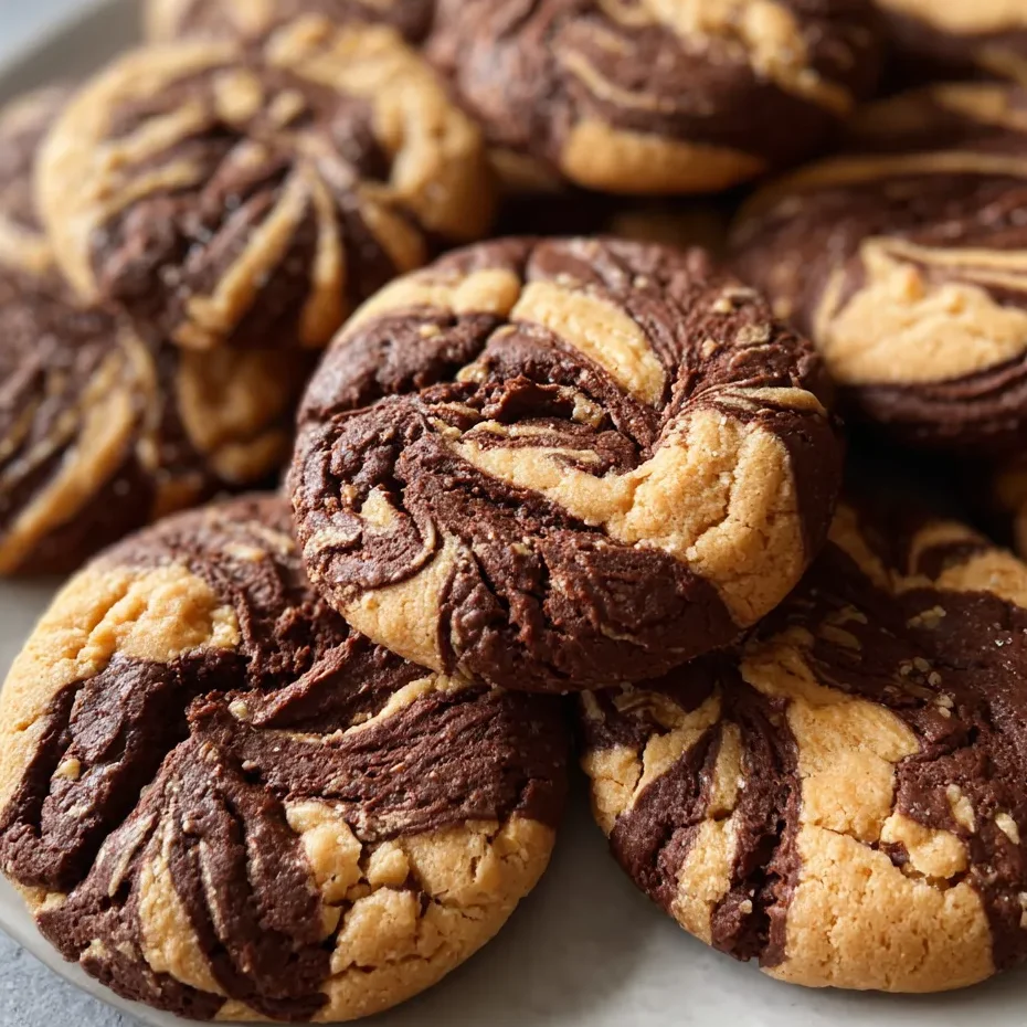Close-up of a cookie showing marbled chocolate and peanut butter patterns.