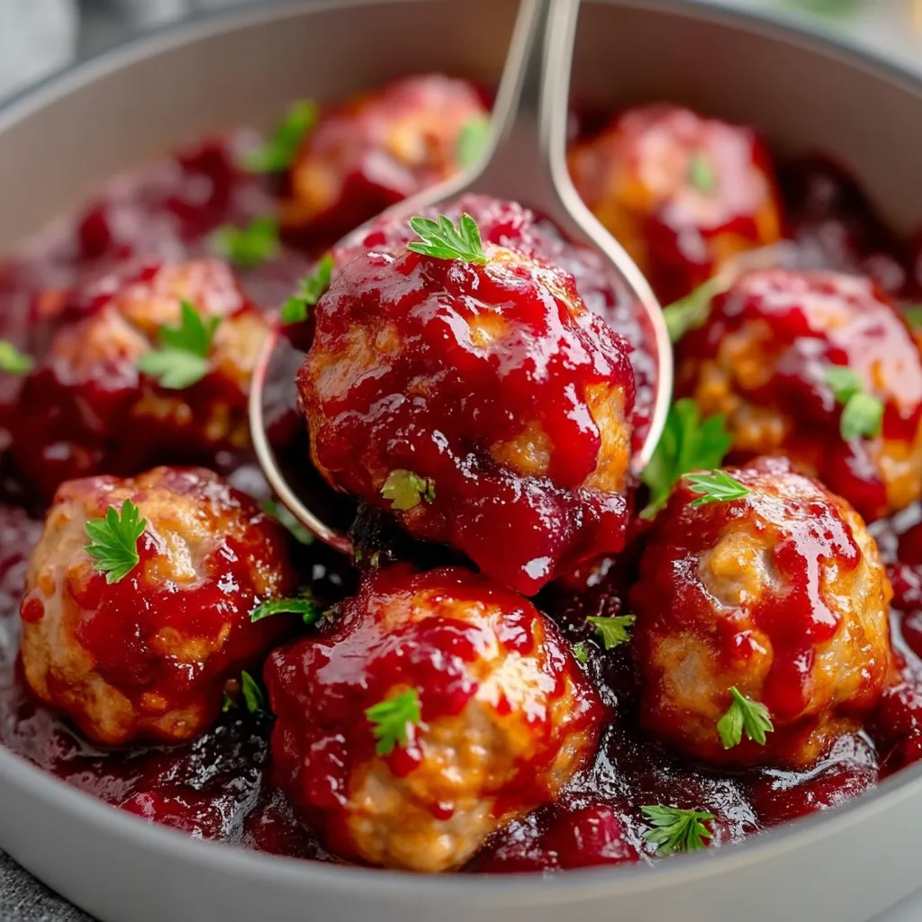 Cranberry meatballs in a skillet with fresh herbs