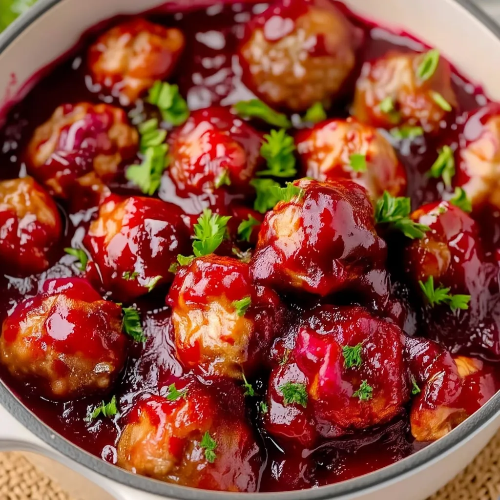 Party platter of glazed cranberry meatballs with toothpicks