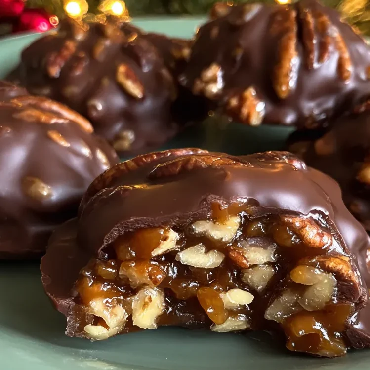 Homemade pecan turtles with glossy chocolate and gooey caramel centers.