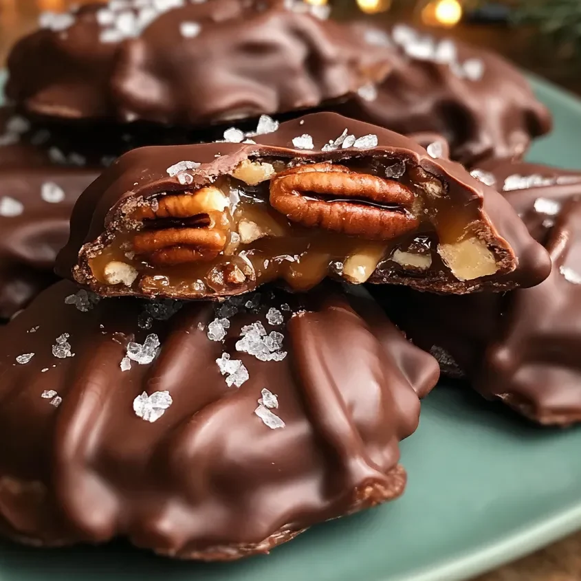 Close-up of pecan turtles topped with sea salt on parchment paper.