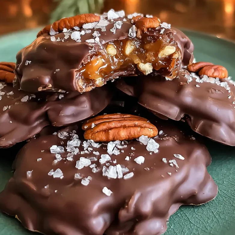 Gift box filled with pecan turtles tied with a red ribbon.