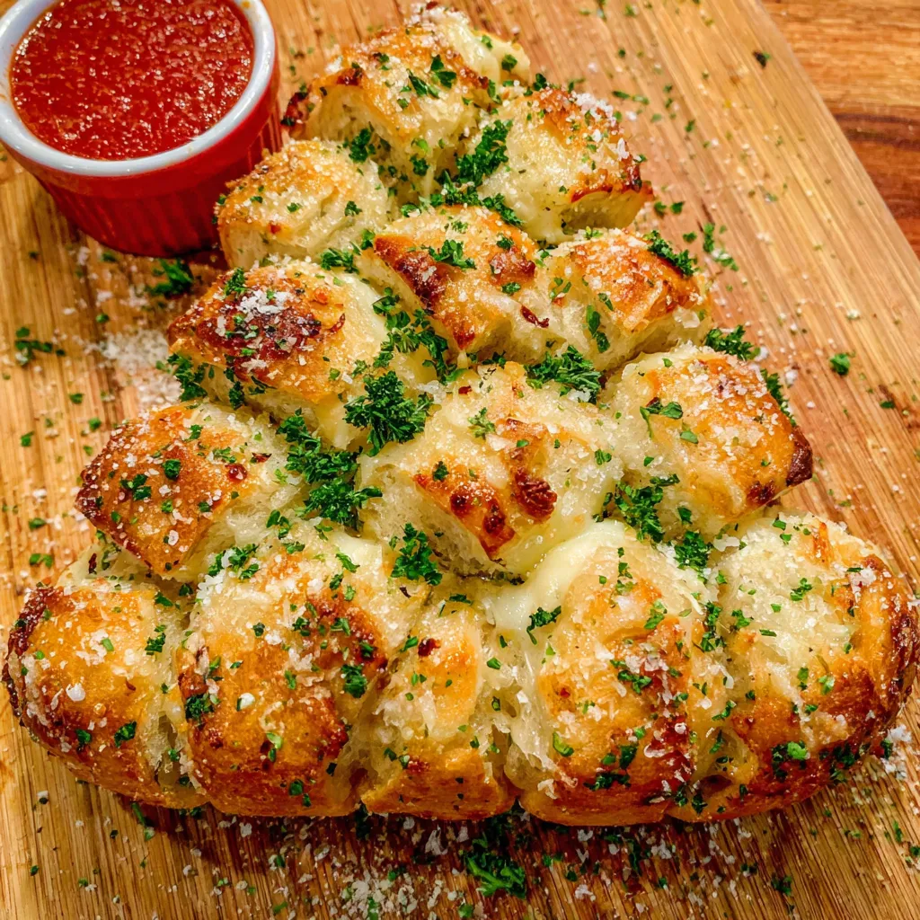 Golden Christmas tree pull-apart bread with melted cheese