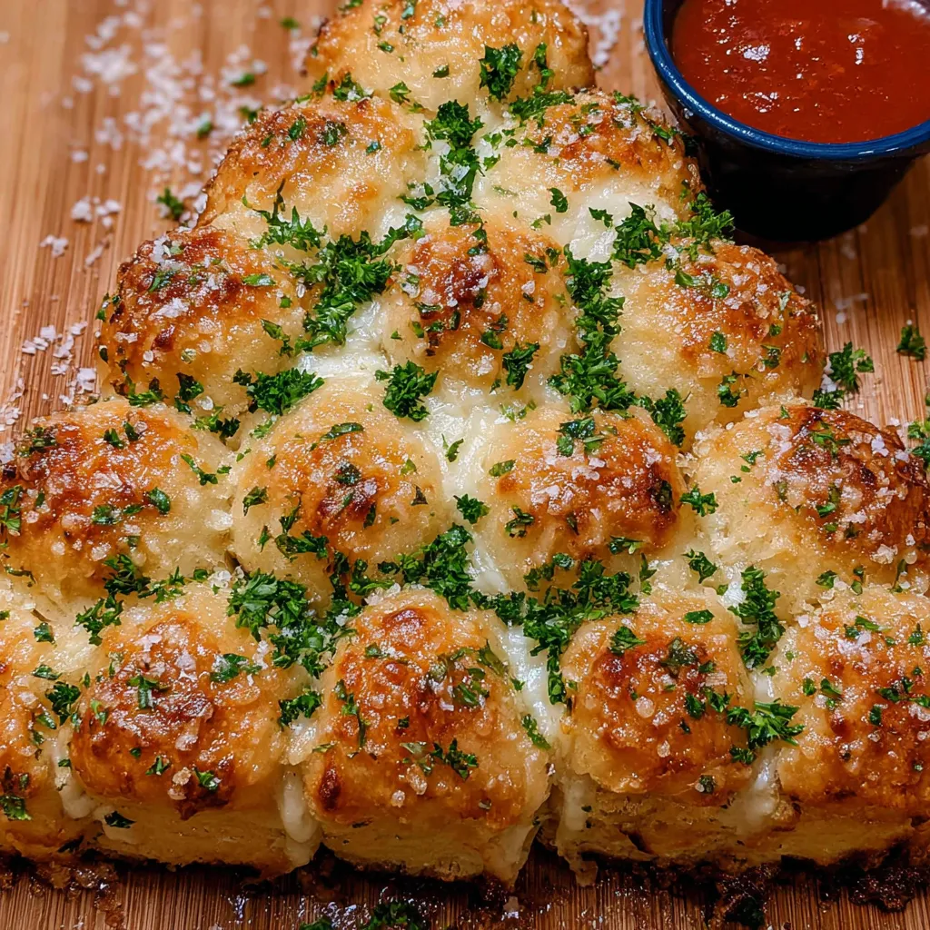 Close-up of cheesy pull-apart bread shaped like a Christmas tree