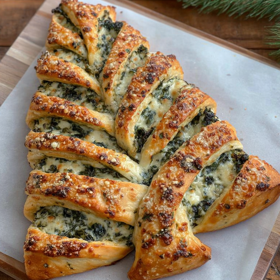 Close-up of golden breadsticks shaped like a Christmas tree