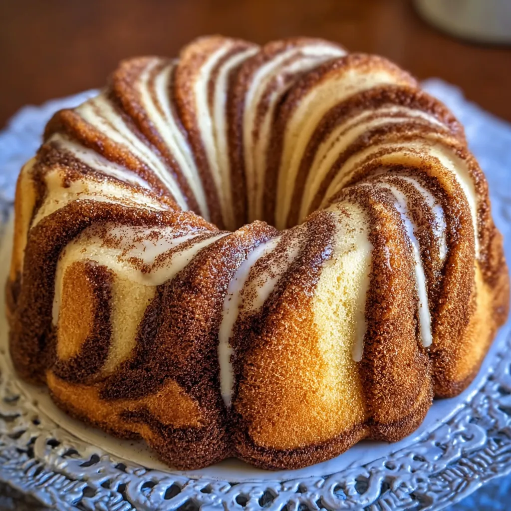 Cinnamon swirl bundt cake with glaze dripping down the sides.