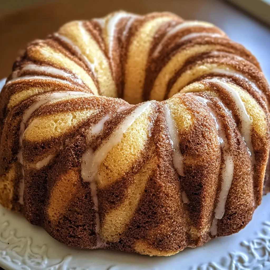 Slice of bundt cake on a plate with a cup of coffee beside it.