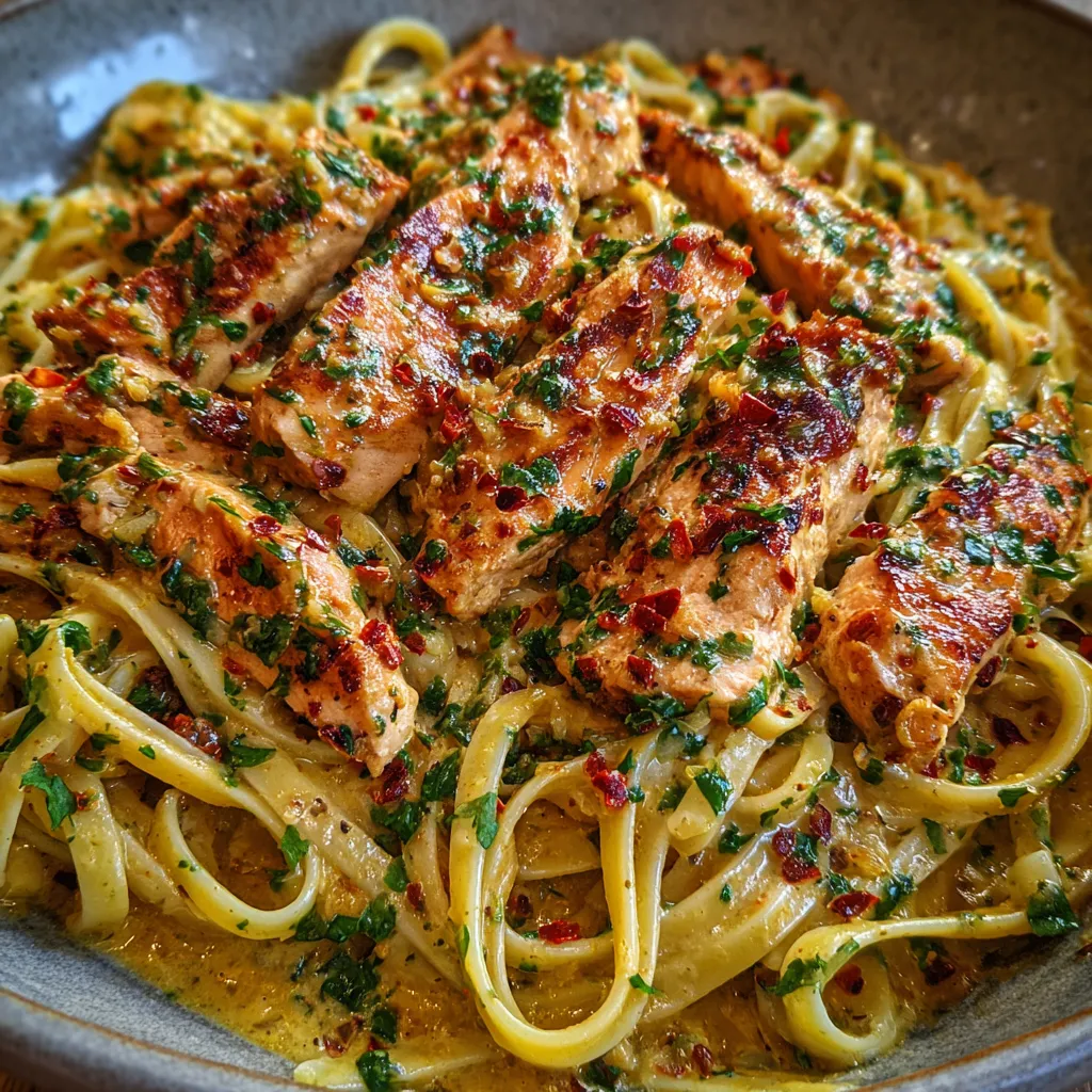 Bowl of linguine with chicken, herbs, and lemon wedge on the side.