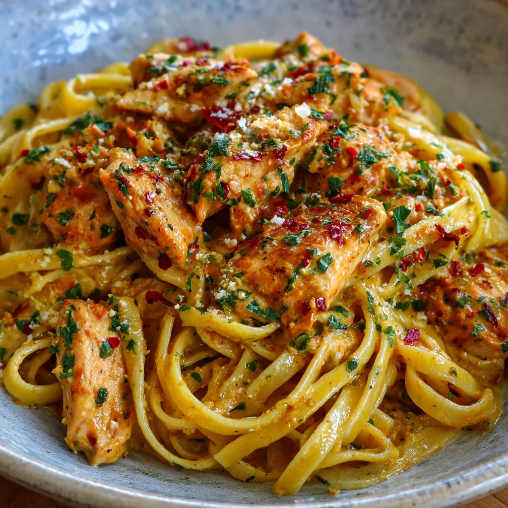 Close-up of twirled linguine coated in golden butter sauce with chicken pieces.