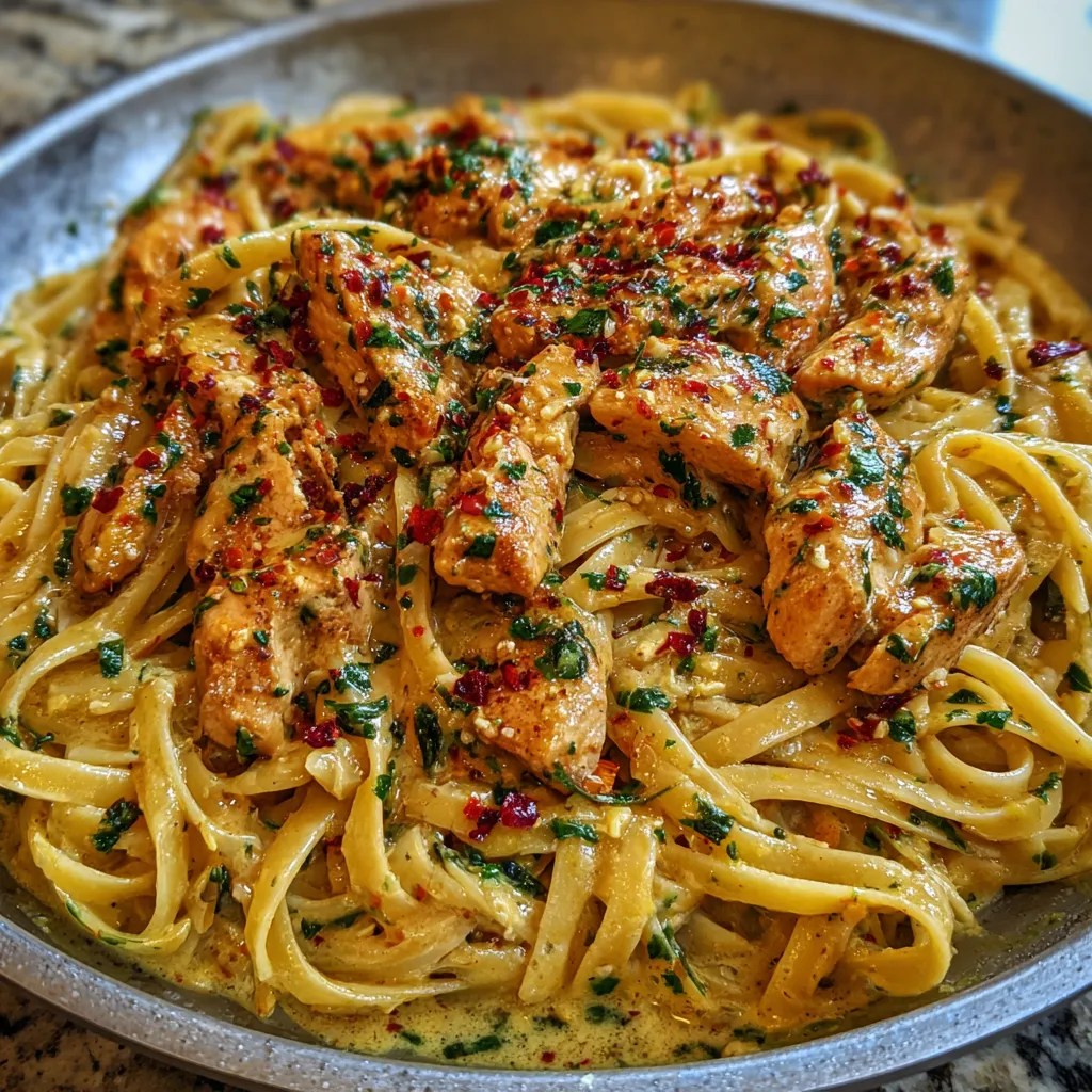 Skillet of cowboy butter chicken linguine topped with parsley and Parmesan.