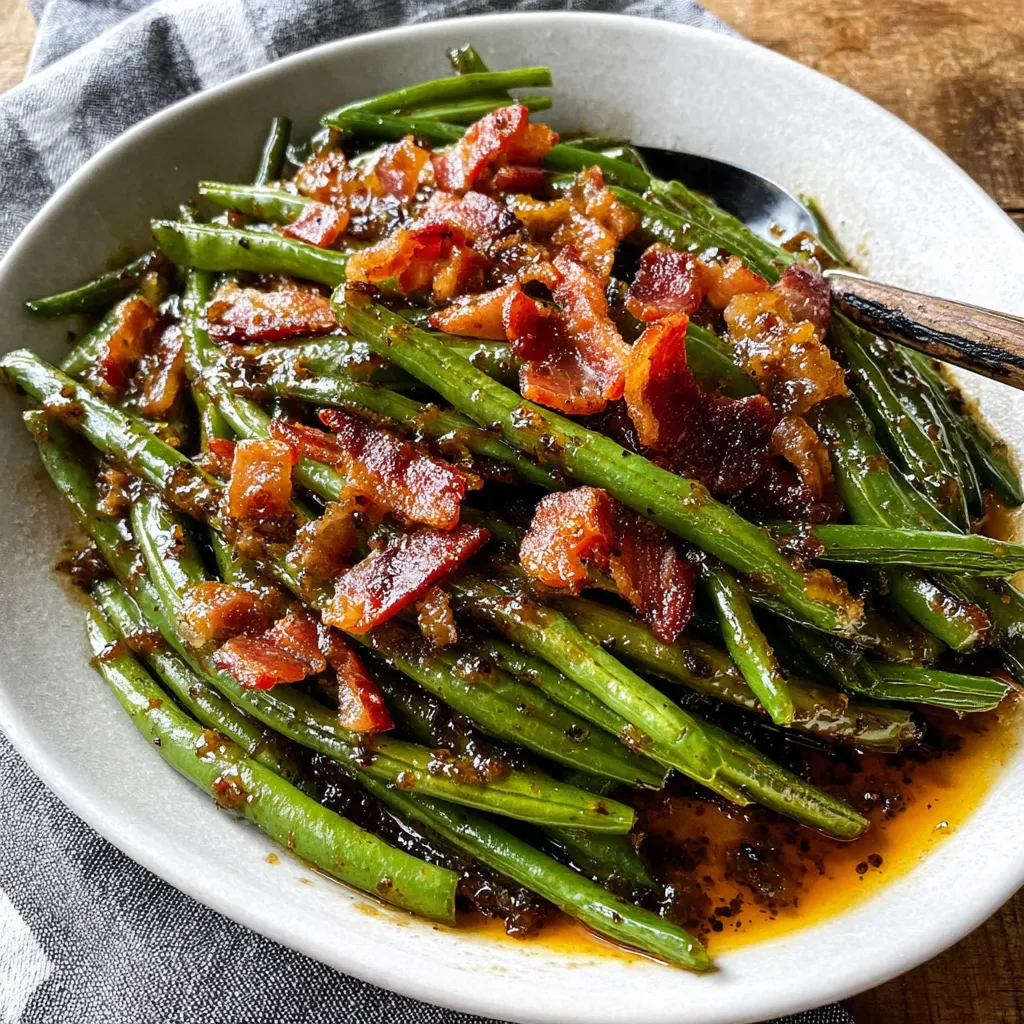 Roasted green beans with bacon glaze on a white plate