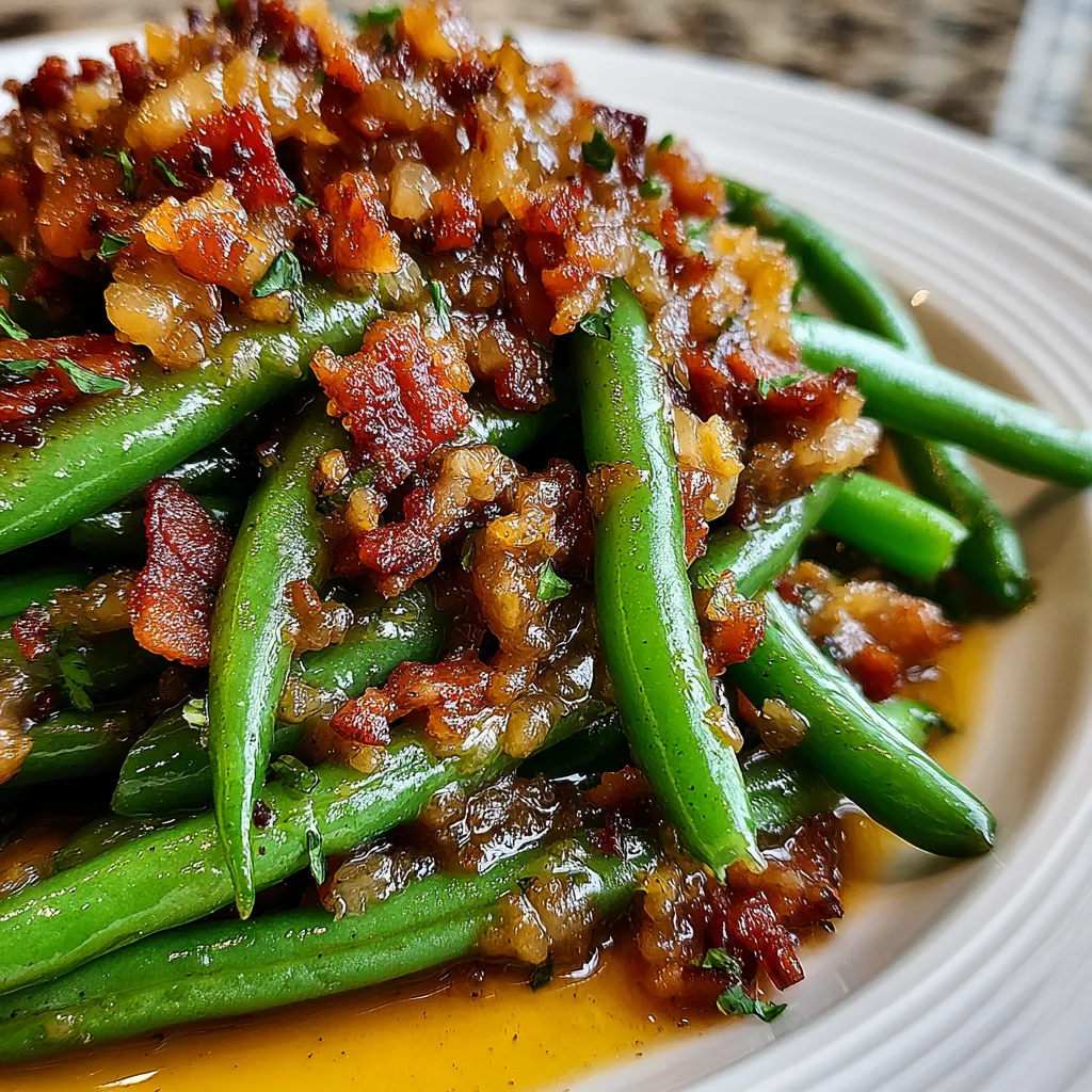 Glazed green beans topped with crispy turkey bacon in a baking dish