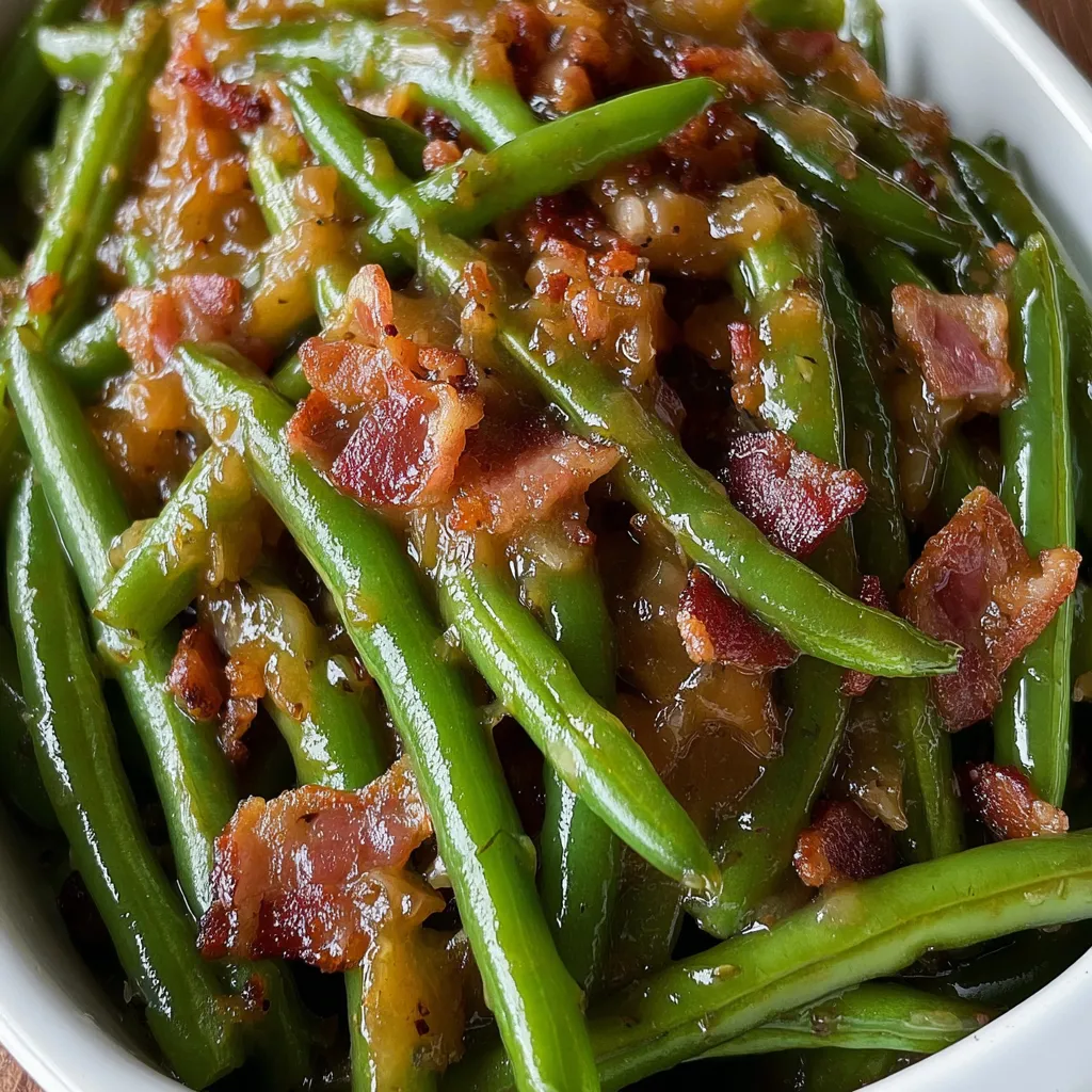 Close-up of glazed green beans with glossy sauce