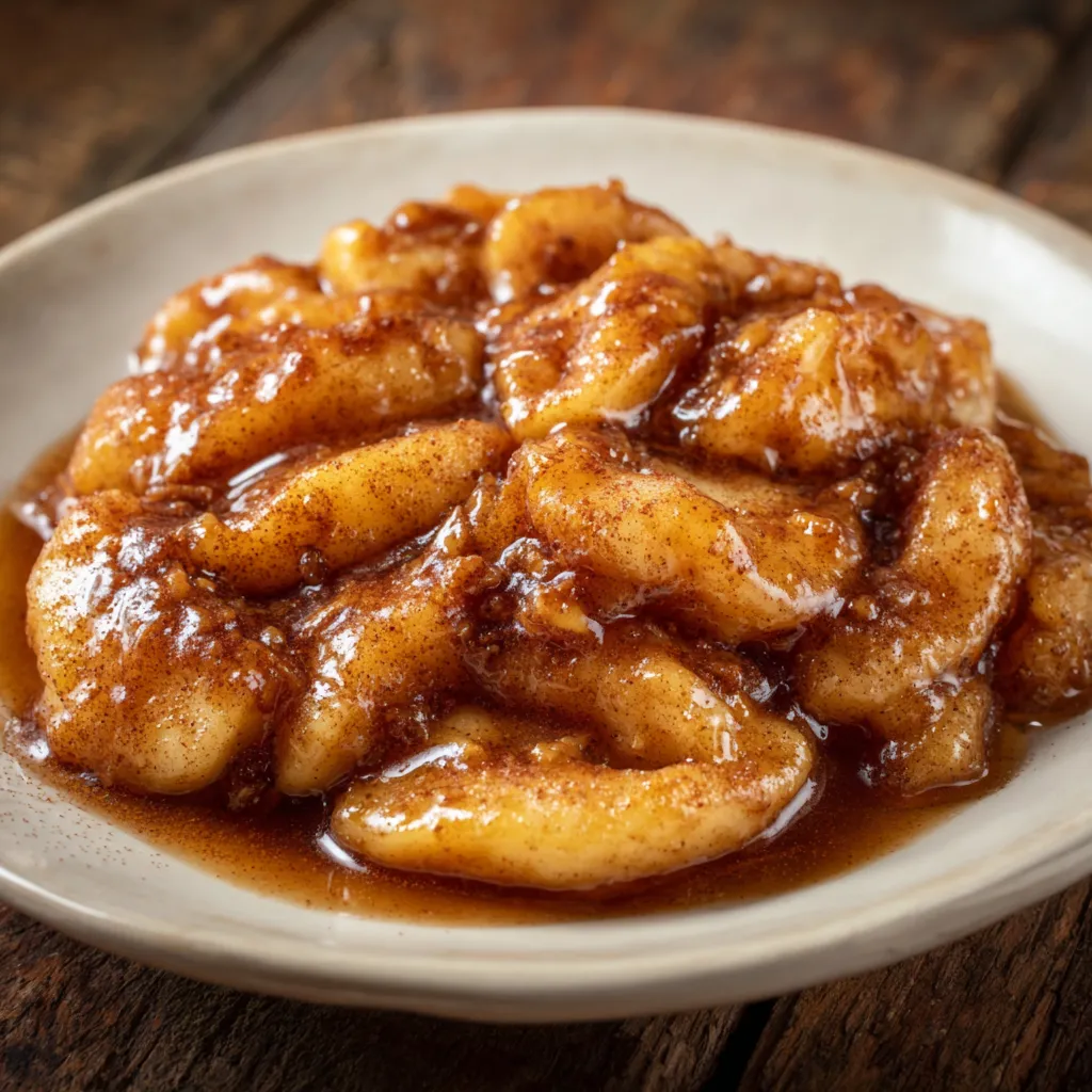 Scoop of fried apples over vanilla ice cream with caramel sauce.